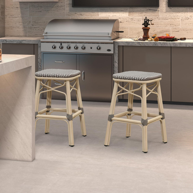 Tabouret de bar et de comptoir d'extérieur en rotin PE de style campagne française PURPLE LEAF (1 chaise), Tan/Grey