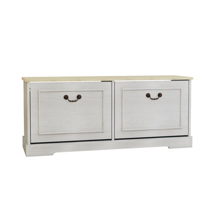 Banc à chaussures blanc antique pour la chambre à coucher et le porche avec tablettes réglables 2 tiroirs rabattables