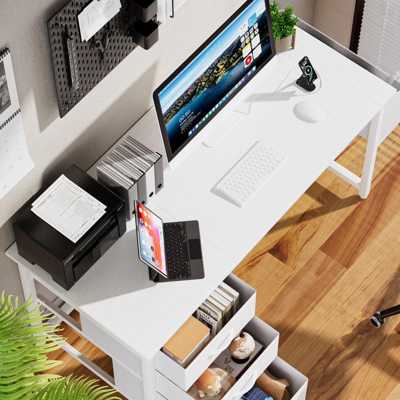Bureau de travail élégant de 47 po avec tiroir et alimentation électrique, Blanc