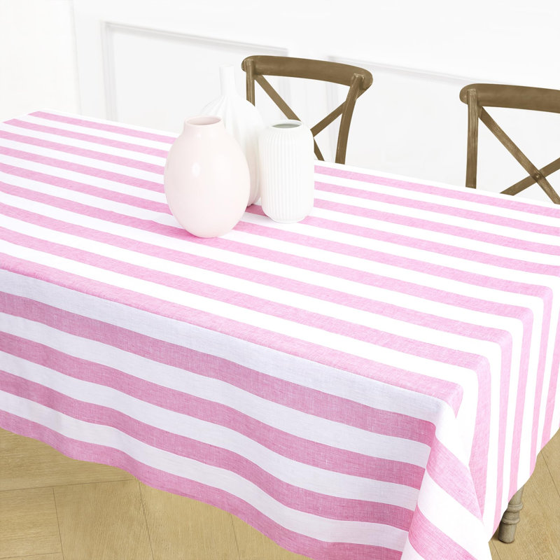 Cabana Stripe - 100% Pure Linen Tablecloth, 132" x 60", Pink/White