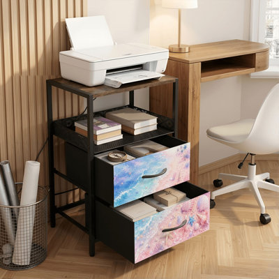 Table de chevet 2 tiroirs avec station de charge, table de chevet pour chambre à coucher avec ports USB, tablette ouverte noire, table de chevet avec motif de plage pastel, coquillages, étoiles de mer, impression de vagues
