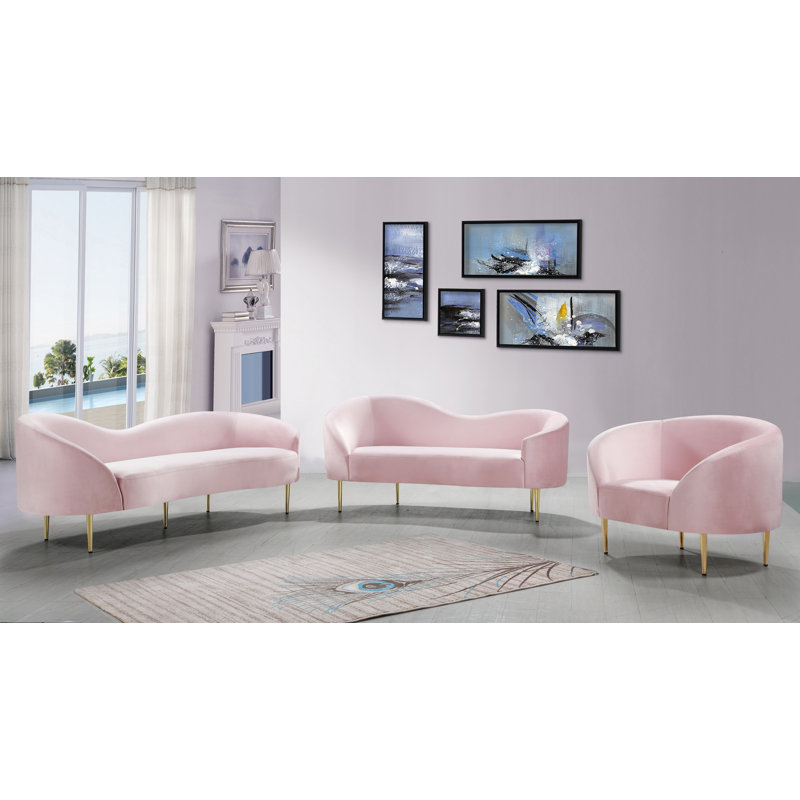 Canapé courbé en velours 85,5 po Ritz, Velours rose