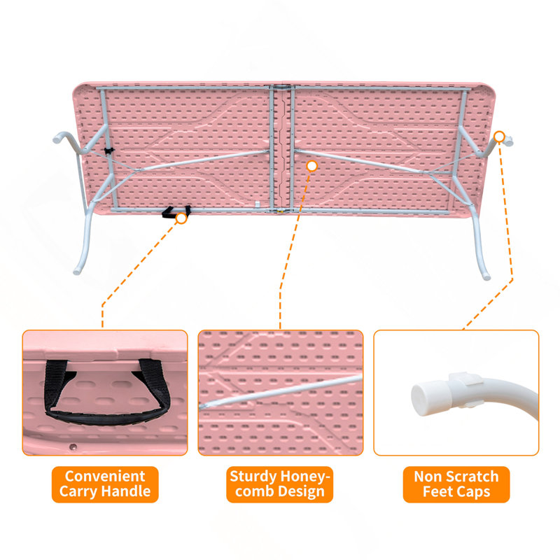 Table pliante rose 8 pi, table en plastique portable pour le camping, les pique-niques, les fêtes, table pliable, Rose