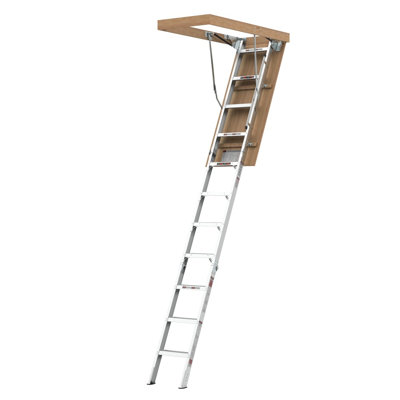 Échelle de grenier pliante en aluminium avec couvercle isolant et cadre en bois s'ouvrant de 25 po x 54 po pour les plafonds de 7 pi 8 po à 10 pi 3 po de hauteur