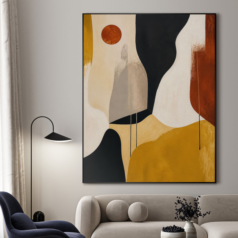 Très grand reproduction d'art sur tissu - Abstrait géométrique moderne avec des formes moutarde et terre cuite pour le salon ou la chambre à coucher - «Assemblage requis du cadre (cadre non fini)»