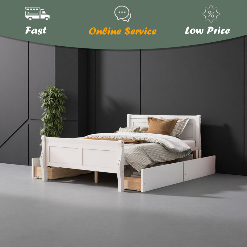 Lit plateforme en bois avec 4 tiroirs et tête de lit profilée, Lit double