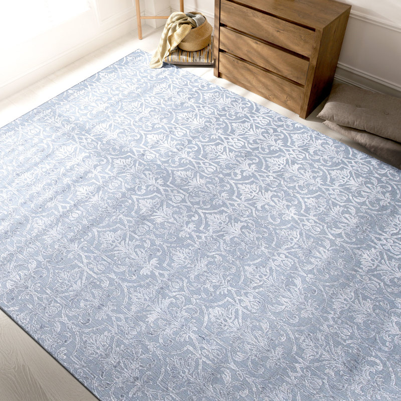 Tapis bleu clair de haute qualité noué à la main, Rectangle 6 pi x 9 pi