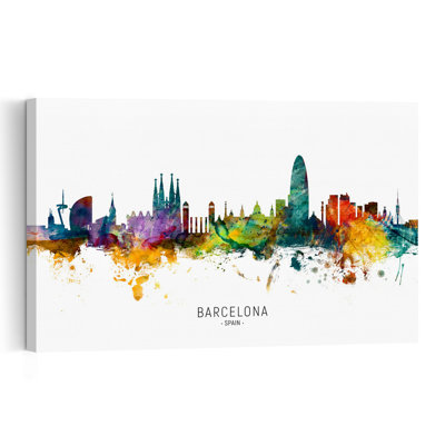 Barcelona Watercolor Skyline Abstract Contemporary Architecture City Wall Art Print by Michael Tompsett - 1 Piece Wrapped Canvas Wall Art