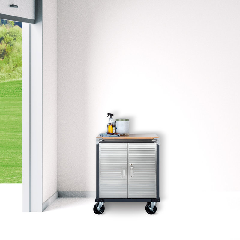 Graphite Steel Rolling Cabinet with Hardwood Top and Lockable Doors