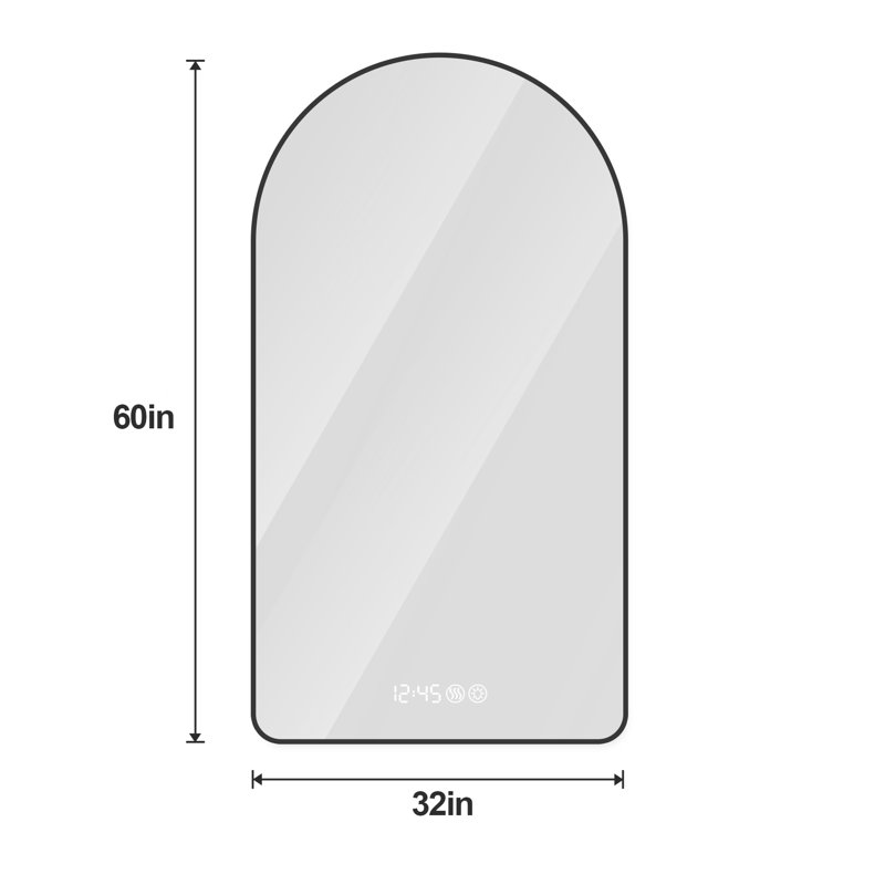 Miroir arqué noir 32 po x 60 po pour salle de bain, indicateur de temps et de température, brouillard, 3 couleurs, rétroéclairage, meuble-lavabo moderne avec présentoir, températures variables, cadre, finition parfaite