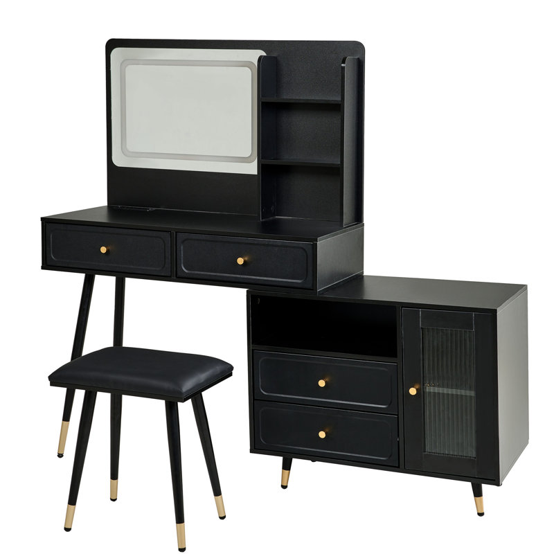 Black Vanity Desk With Large Mirror, 3 - Color Lighting Modes, And Interchangeable Cabinet, Providing Optimal Storage Built In Power Strip For Bedroom Decor Modern Dressing Table Adjustable Lights,