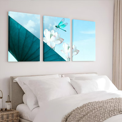 Lotus Flowers and Dragonfly Canvas Wrapped Wall Art Oil Painting Print Set of 3