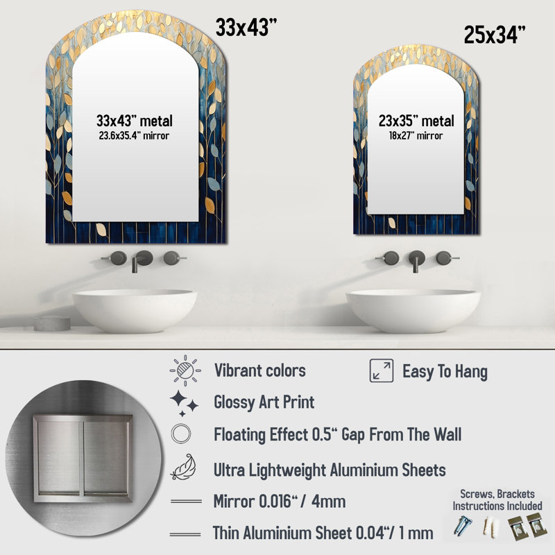Gold And Blue Leaves Scenery Minimalism - Leaves Asymmetrical Decorative Wall Mirror, Traditional Freeform Mirror, Printed Metal Art