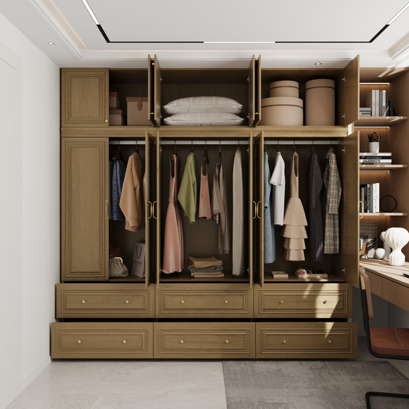Armoire-penderie de grande taille (94,5 po) de largeur, avec 6 portes, 6 tiroirs et tringles à vêtements., Bois
