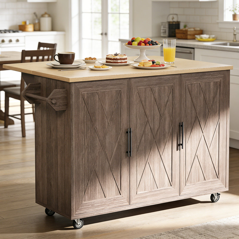 51.2" Solid Wood Rolling Kitchen Island Cart - Geometric Twill Stripe Design Mobile Kitchen Prep Station With Drop Leaf, Towel Rack,Storage Cabinet & Adjusted Shelf, Esprosso Brown