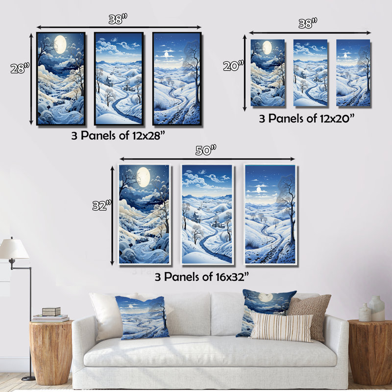 «Snow Winters Moon Solitude», 3 pièces sur toile, Cadre flottant doré, H 28 po x l 36 po