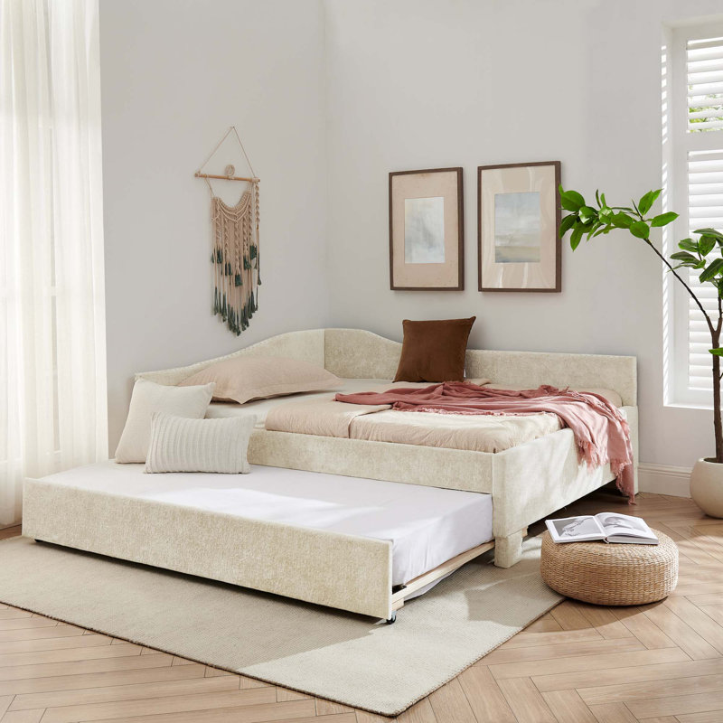 Lit de jour en chenille avec couchette coulissante et port USB, Full / Double, Beige