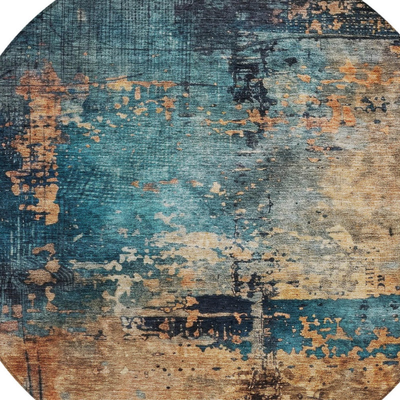 Tapis d'extérieur rond 8 pi bleu sarcelle noir et cuivre