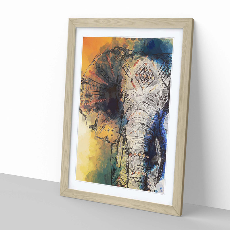 Indian Elephant in Abstract - Framed Print, 91cm H x 60cm W x 2cm D, Oak