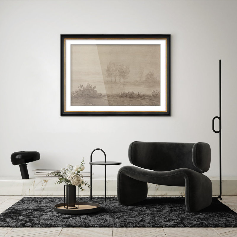 "Misty Landscape River Serene Trees In Fog Illustration Impressionism", art mural encadré, Oui