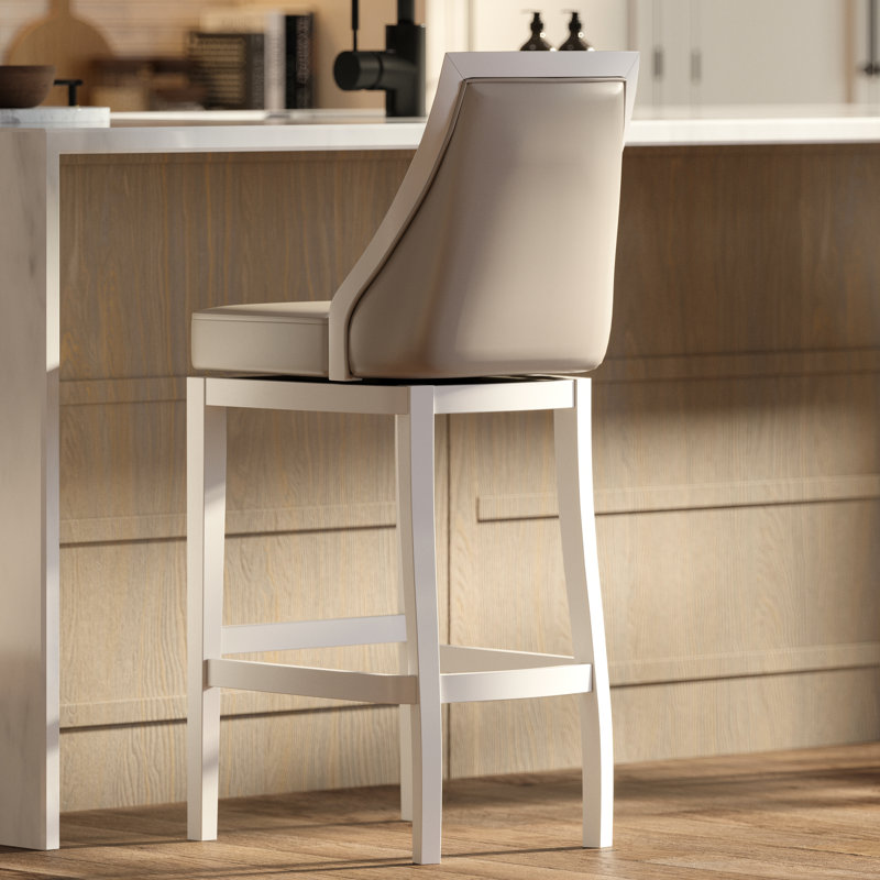 Tabouret de bar de 31 po de hauteur avec pivot et dossier haut, corps blanc, siège en similicuir gris, siège à 180 degrés à retour automatique, l 18,5 po x P 17 po, finition lumineuse spacieuse et confortable, pour un nettoyage sans effort, plastique