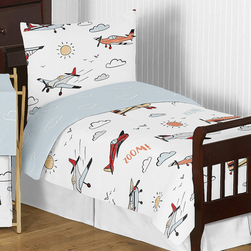 Blue and White Vintage Airplane Toddler Bedding Set