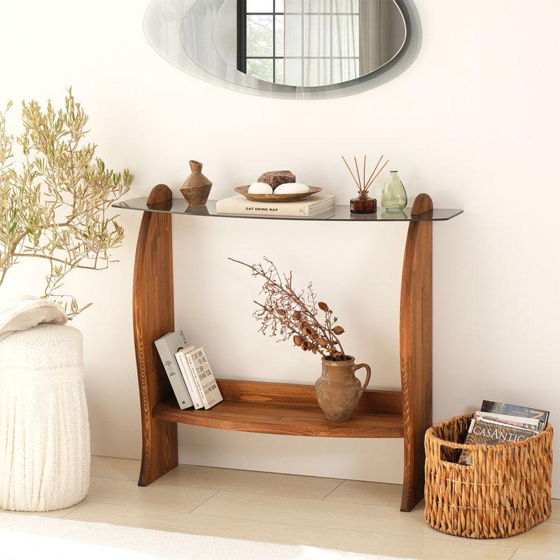 Stylish Modern Dresser with 100% Tempered Glass and Solid Pine Wood Frame, 41.7 x 35.4 x 11.8 inches | Multiple Shelves, Wall-Mountable Design, Elegant Chesnut & Fume Finish | Perfect for Contemporary Bedrooms
