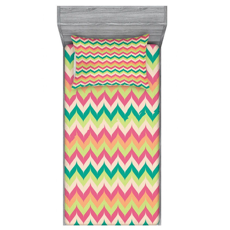Microfiber Chevron Sheet Set, Twin XL Sheet Set with Fitted Sheet, Pink/Orange/Green Chevron