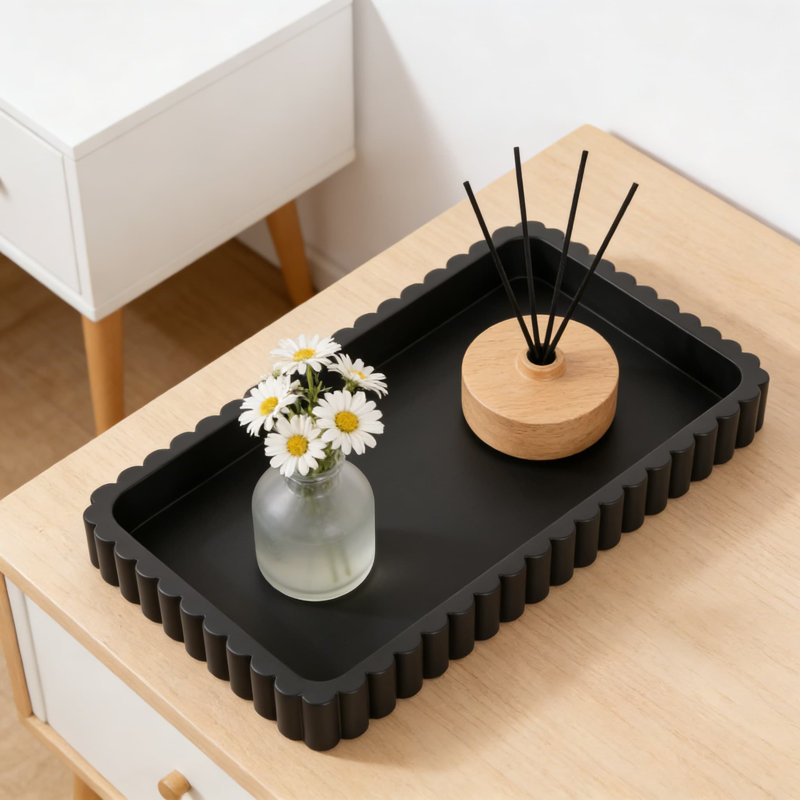 Modern Concrete Decorative Tray For Coffee Table Centerpiece, Handcrafted Rectangular Serving Tray With Fluted Design For Home Decor, Ottoman, And Living Room