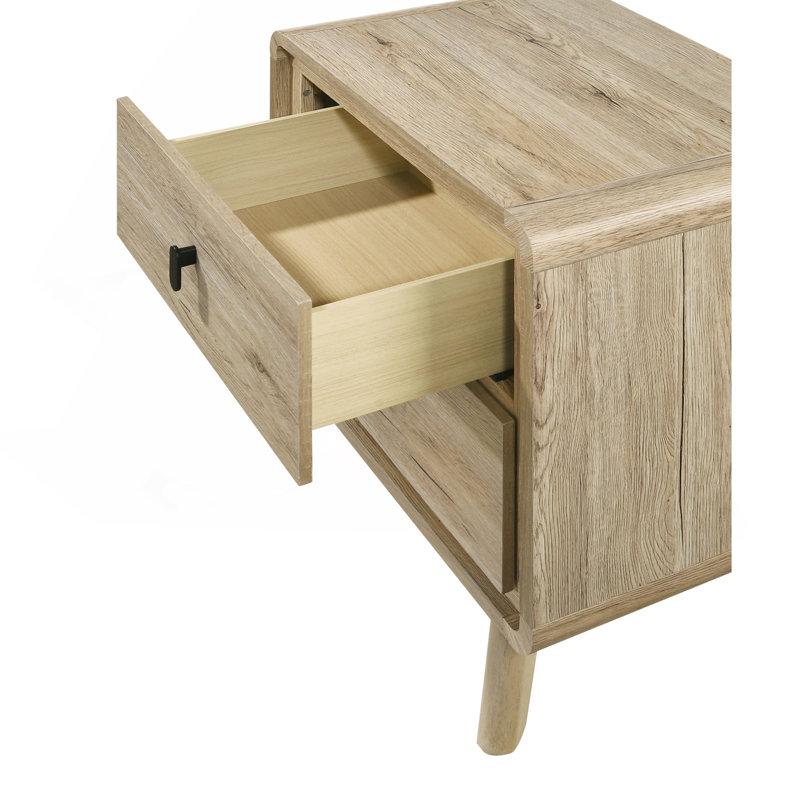 1Pc Mid-Century Natural Textures Warm, Wood-Inspired Finish Ample Drawer Space Two Drawers Nightstand Storage Wooden Furniture