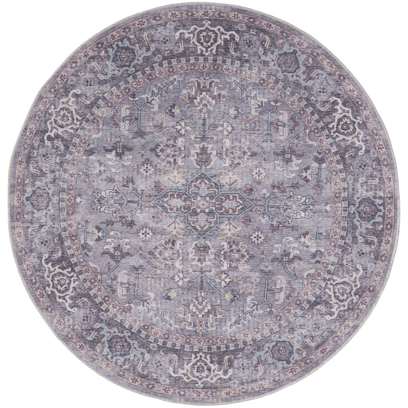 Machine Washable Oriental Gray Area Rug, Round 7'10"