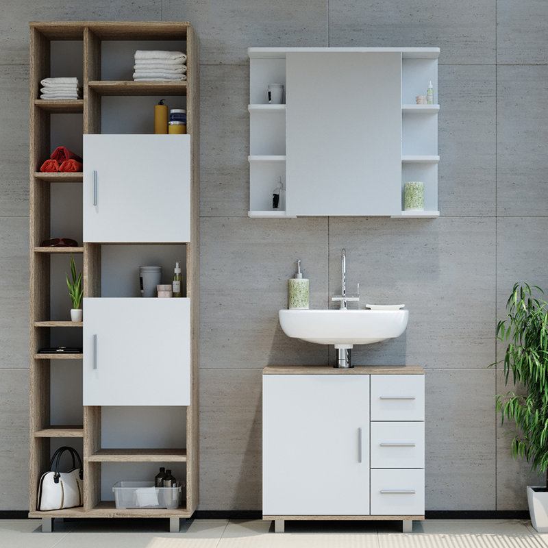 Virna Bathroom Storage Furniture Set, White/Light Brown