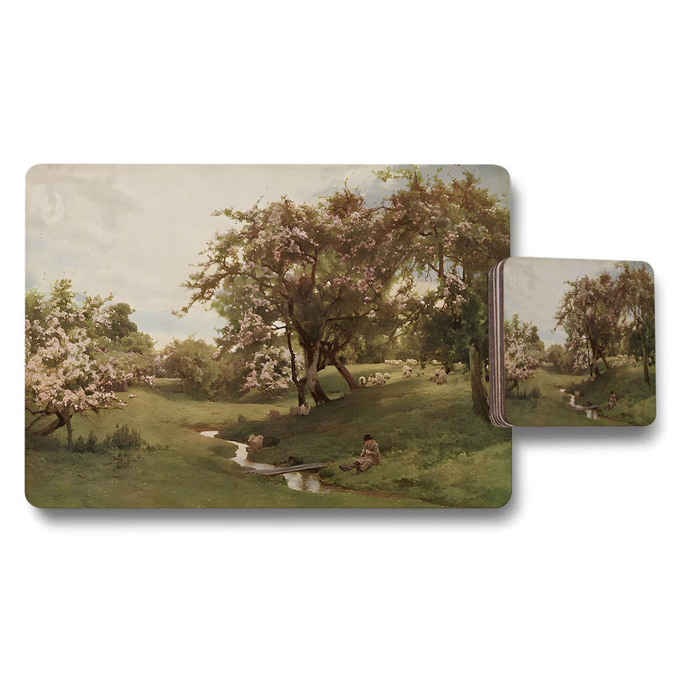 Pastoral Landscape Placemat And Coaster Set With Blooming Trees