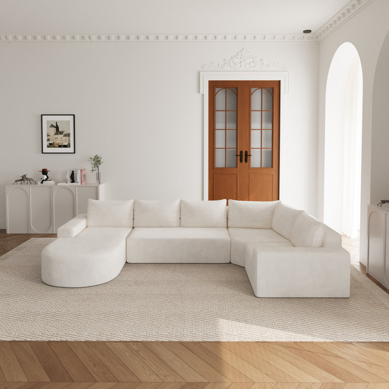 Canapé en mousse compressé en forme de U avec section d'angle et conception modulaire, Chenille beige