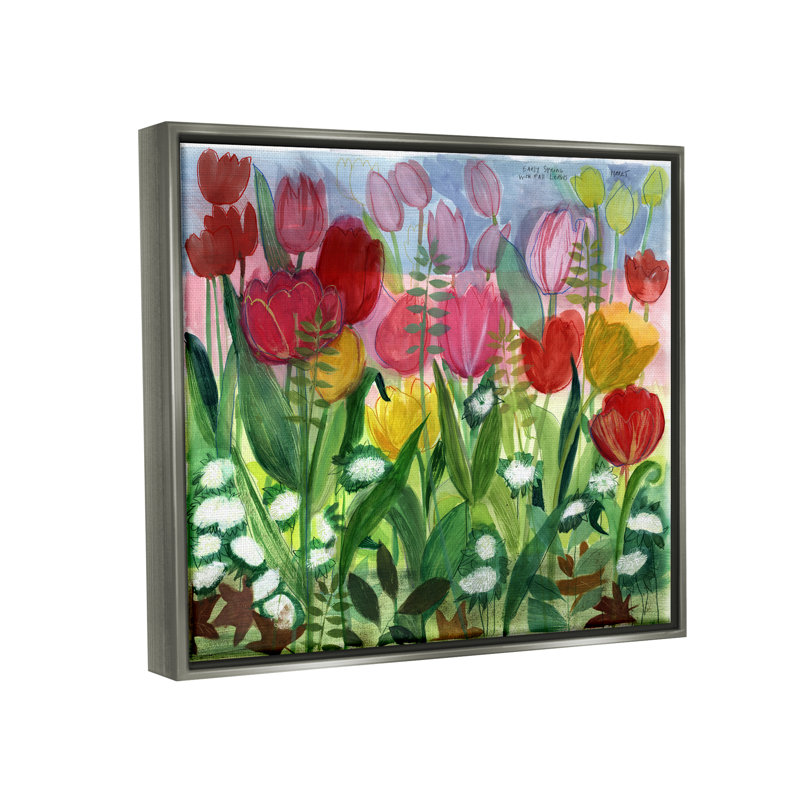 «Lush Varied Spring Tulip Blooming Flower Meadow», peinture sur toile à cadre flottant, H 17 po x l 21 po x P 1,7 po