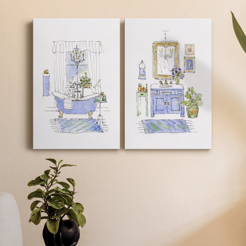 «Sketchy Bath I», ensemble de 2 peintures, H 18 po x l 24 po x P 1 po, Toile tendue
