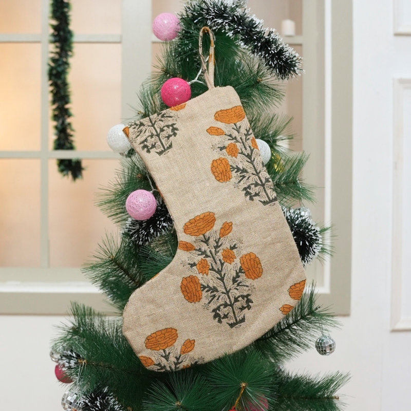  Chaussette de Noël en lin imprimée à la main style campagnard rustique - Swadesh, H 16 po x l 6,5 po
