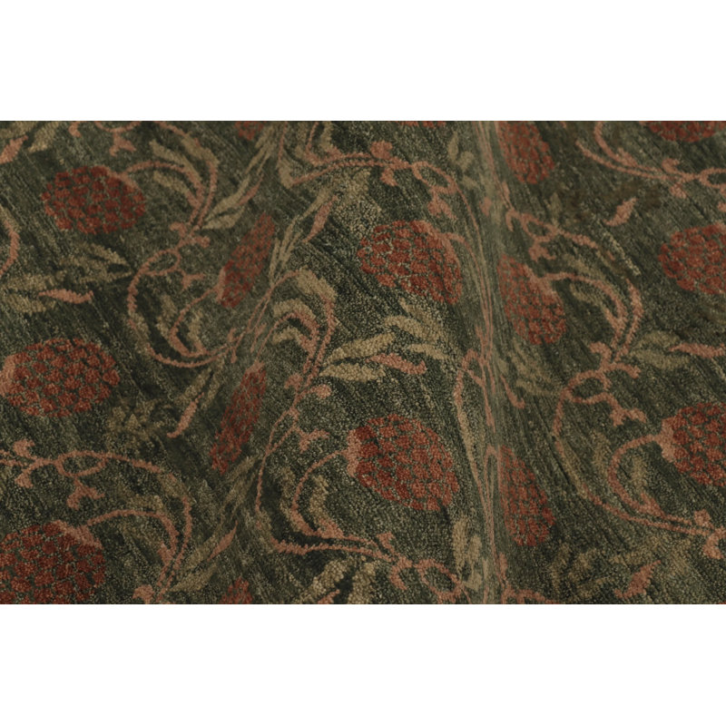 Black Print Hand Knotted Wool Floral Area Rug, Rectangle 4' x 5'