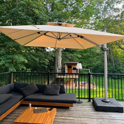 Lime 10' x 10' Square Lighted Cantilever Umbrella With Base,Beige