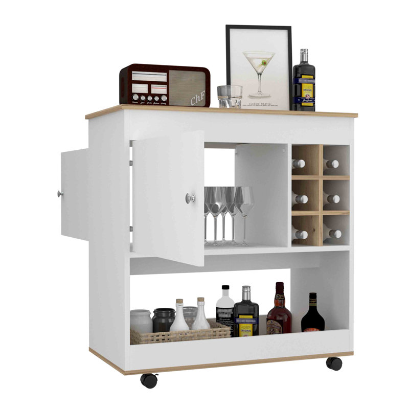 Chariot-bar, panneau inférieur, six casiers à bouteilles, une armoire - chêne clair / blanc