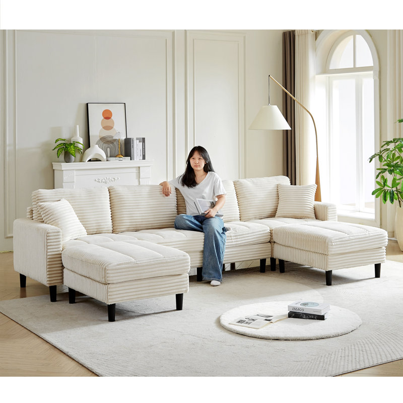 Canapé modulaire en U avec 2 coussins, Velours côtelé beige