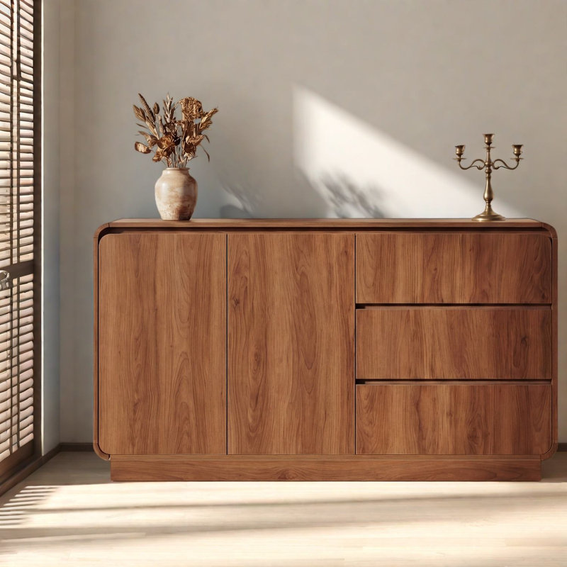 Buffet spacieux en noyer moderne, construction en bois aggloméré, design élégant pour les espaces de salle à manger et de vie