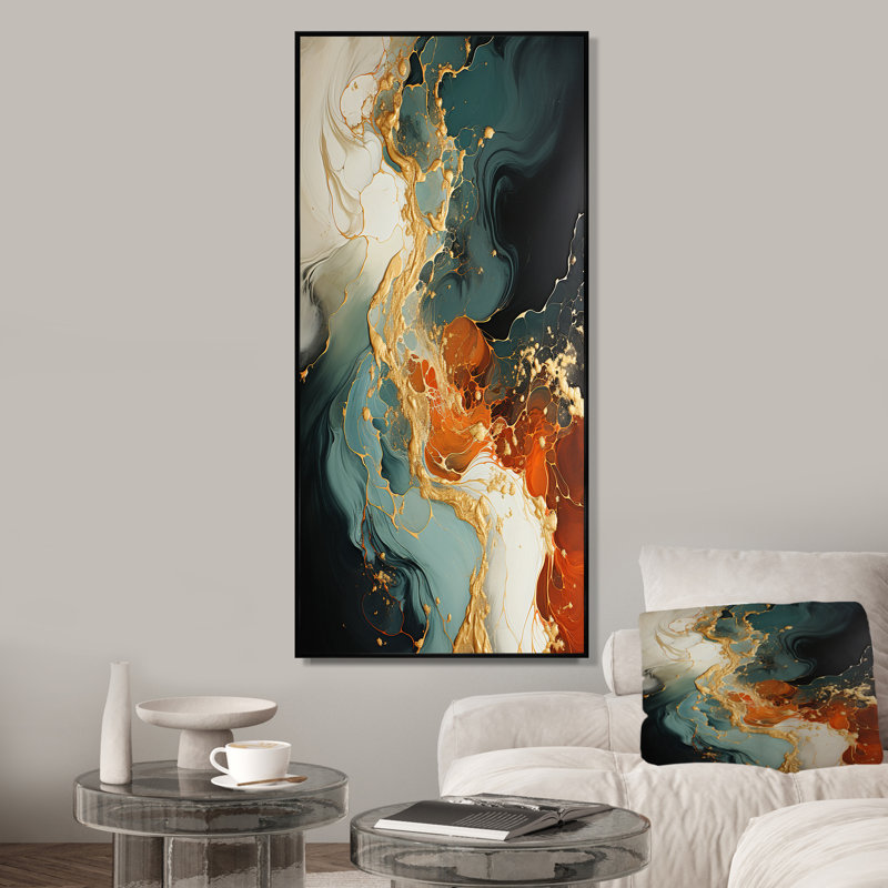 Tempête de pierre orange IV - art mural abstrait, H 60 po x l 28 po x P 1,5 po, Cadre flottant noir