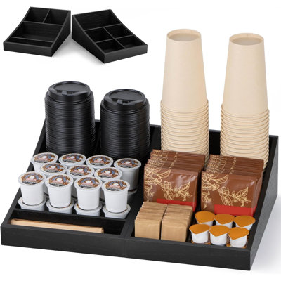 Organisateur de comptoir pour coin café, rangement pour condiments, panier d'épicerie pour bar à café, bureau et salle de pause - Bois, noir, 9 compartiments