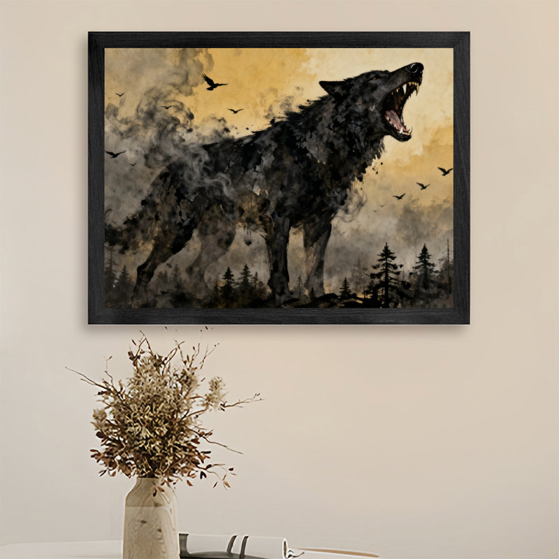 Art noir encadré noir, loups braves, H 9 po x l 11 po