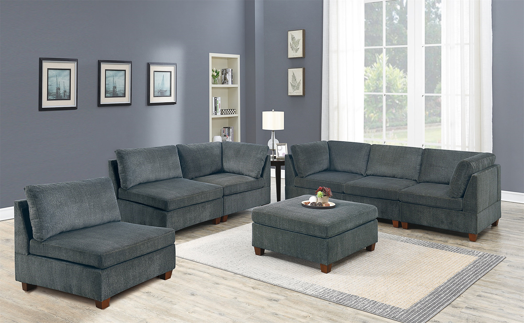 Hokku Designs Living Room Furniture Gray Chenille Modular Sectional 7Pc
