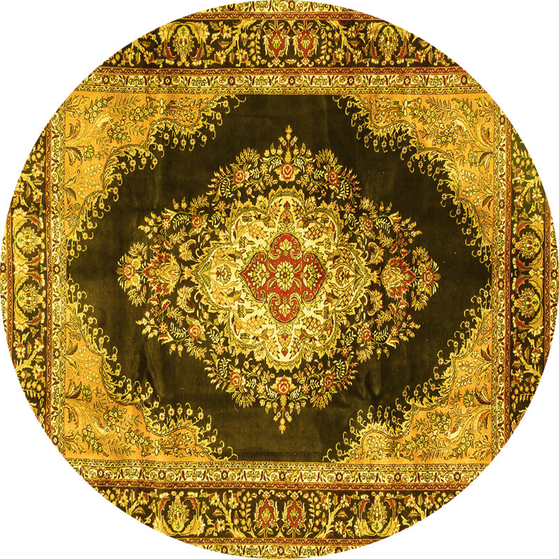 Tapis traditionnels jaunes lavables à la machine 4364, Rond 4 pi