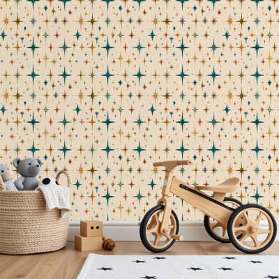 Peel and Stick PVC Wallpaper, Removable Self-Adhesive Wall Covering With Mid Century Modern Retro Starburst Teal Mustard Olive Brown Cream Print, Waterproof for Home Decor - Roll