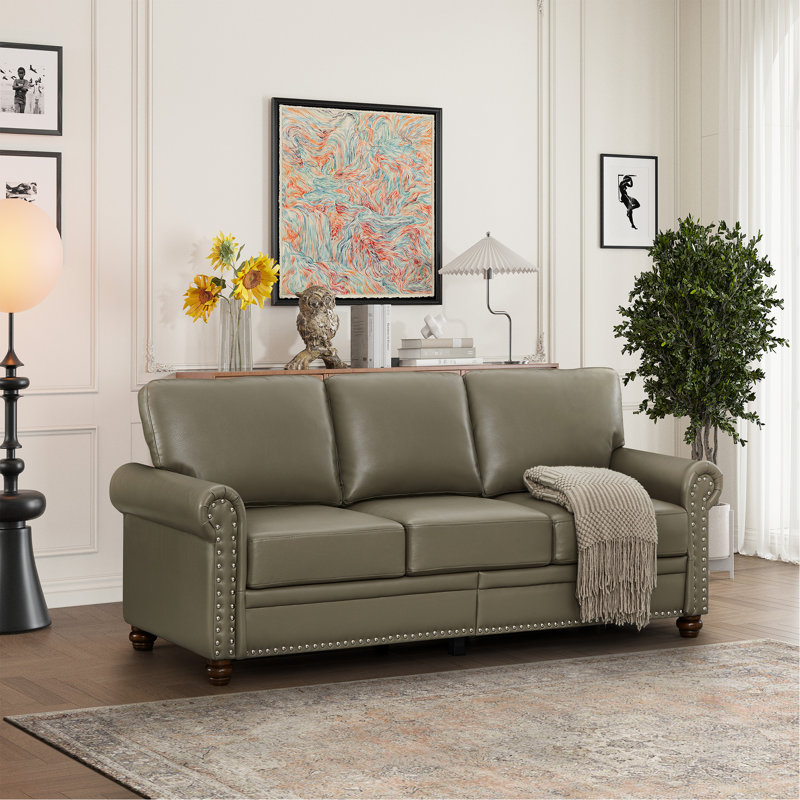 Salon en similicuir taupe pour toutes les saisons, fabrication en bois massif et en métal, coussins polyvalents confortables, stabilité à 6 pieds, clous argentés, fonction de rangement, zone de processus d'assemblage facile,