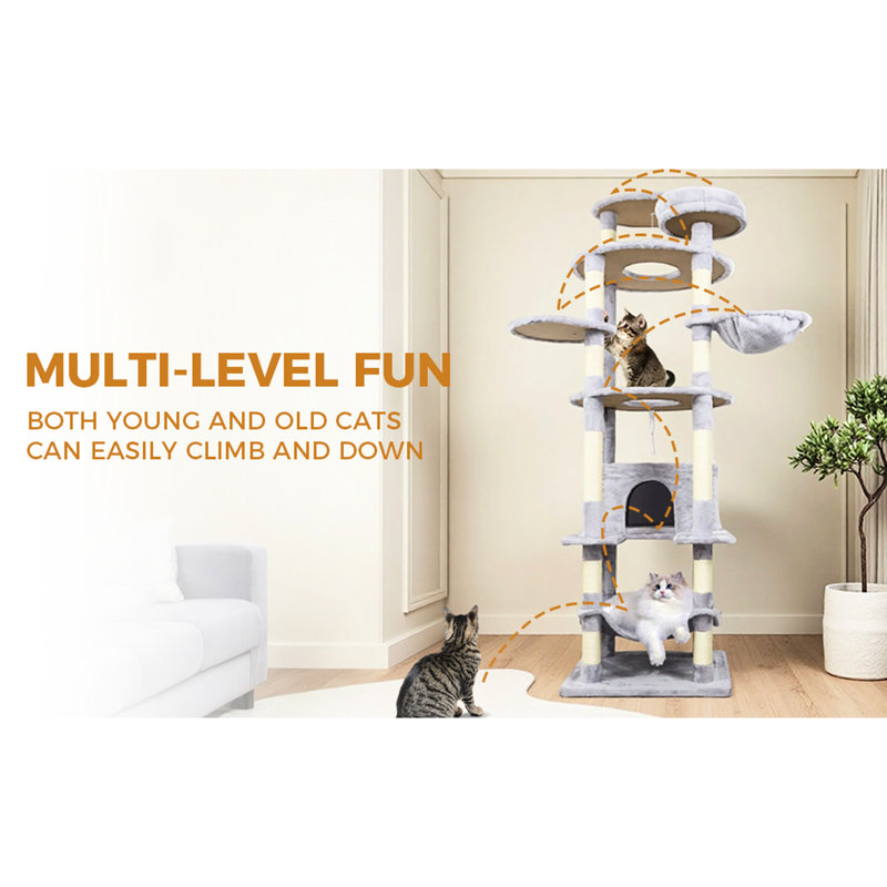 Cy13 Grey Cat Furniture - fiable et stable avec des raccords de surmatelas, des poteaux à griffer naturels, 3 condos confortables pour faire la sieste, 2 perchoirs sécurisés, des jouets interactifs Jinging, un processus d'assemblage simple,